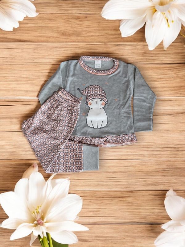 Pijama estampado cardado menina - Gato gallery image Pijama estampado cardado menina - Gato