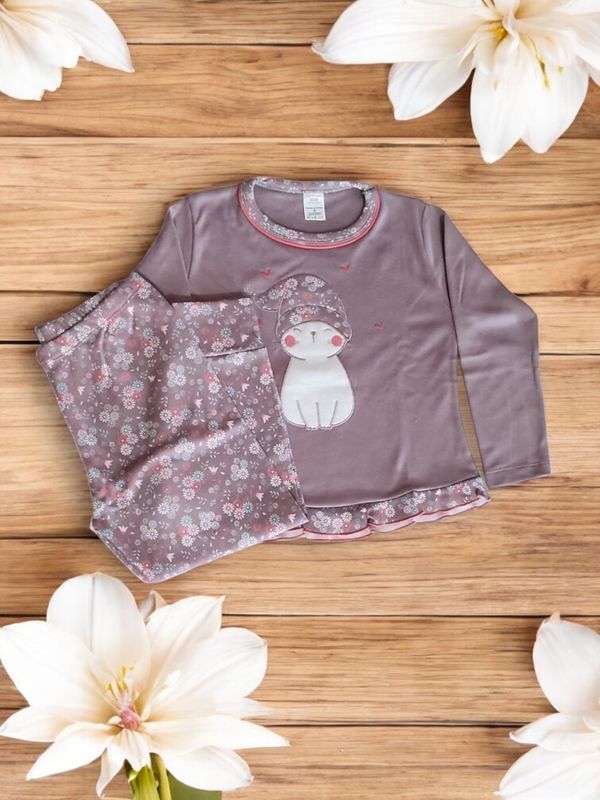 Pijama estampado cardado menina - Gato gallery image Pijama estampado cardado menina - Gato
