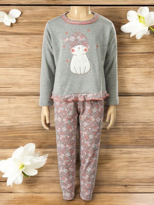 Pijama estampado cardado menina - Gato gallery image Pijama estampado cardado menina - Gato